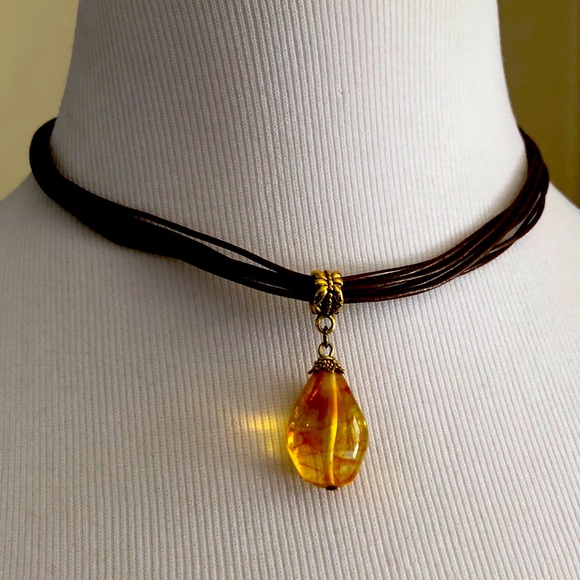 Lia Sophia Jewelry - Lia Sophia Brown Wax Cord Necklace Amber Pendant
